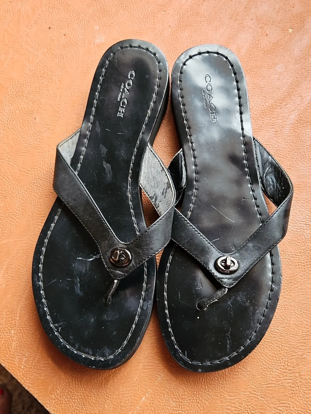 Coach Shelly Black Leather Thong Sandals,  Size 7.5